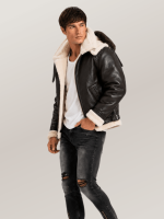 Men's All Black B-3 Hooded Sheepskin Bomber Leather Jacket