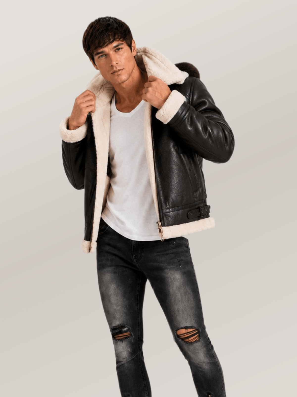 Men's All Black B-3 Hooded Sheepskin Bomber Leather Jacket