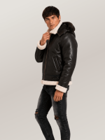 Men's All Black B-3 Hooded Sheepskin Bomber Leather Jacket