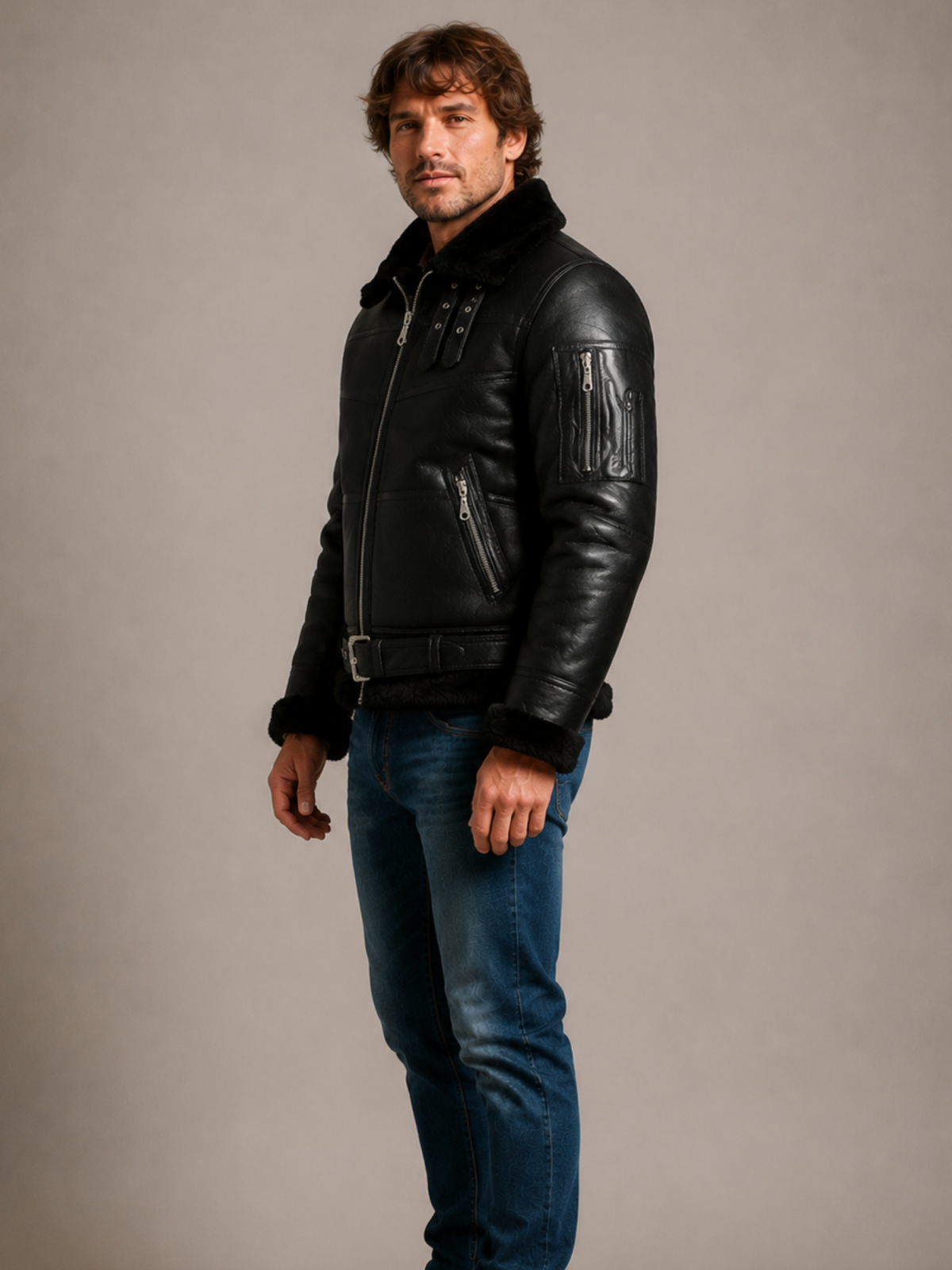 Men's Aviator B16 Sheepskin Black Shearling Jacket