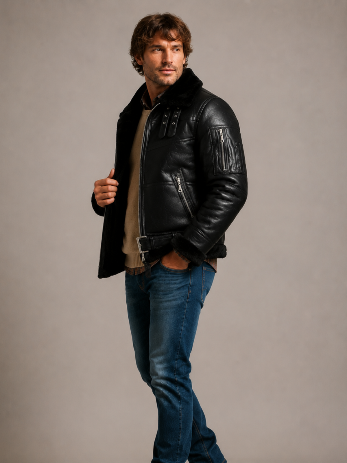 Men's Aviator B16 Sheepskin Black Shearling Jacket