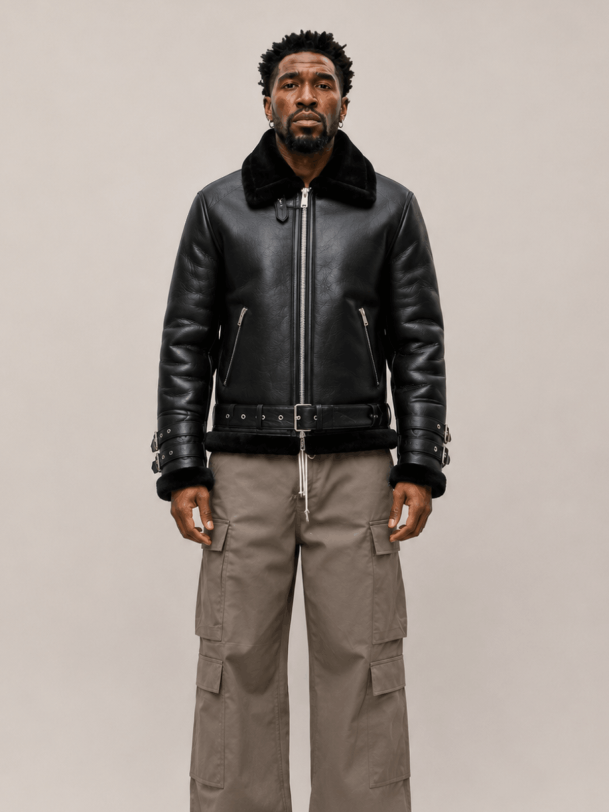 Men's Sheepskin Leather Biker Jacket In Black