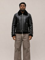 Men's Sheepskin Leather Biker Jacket In Black
