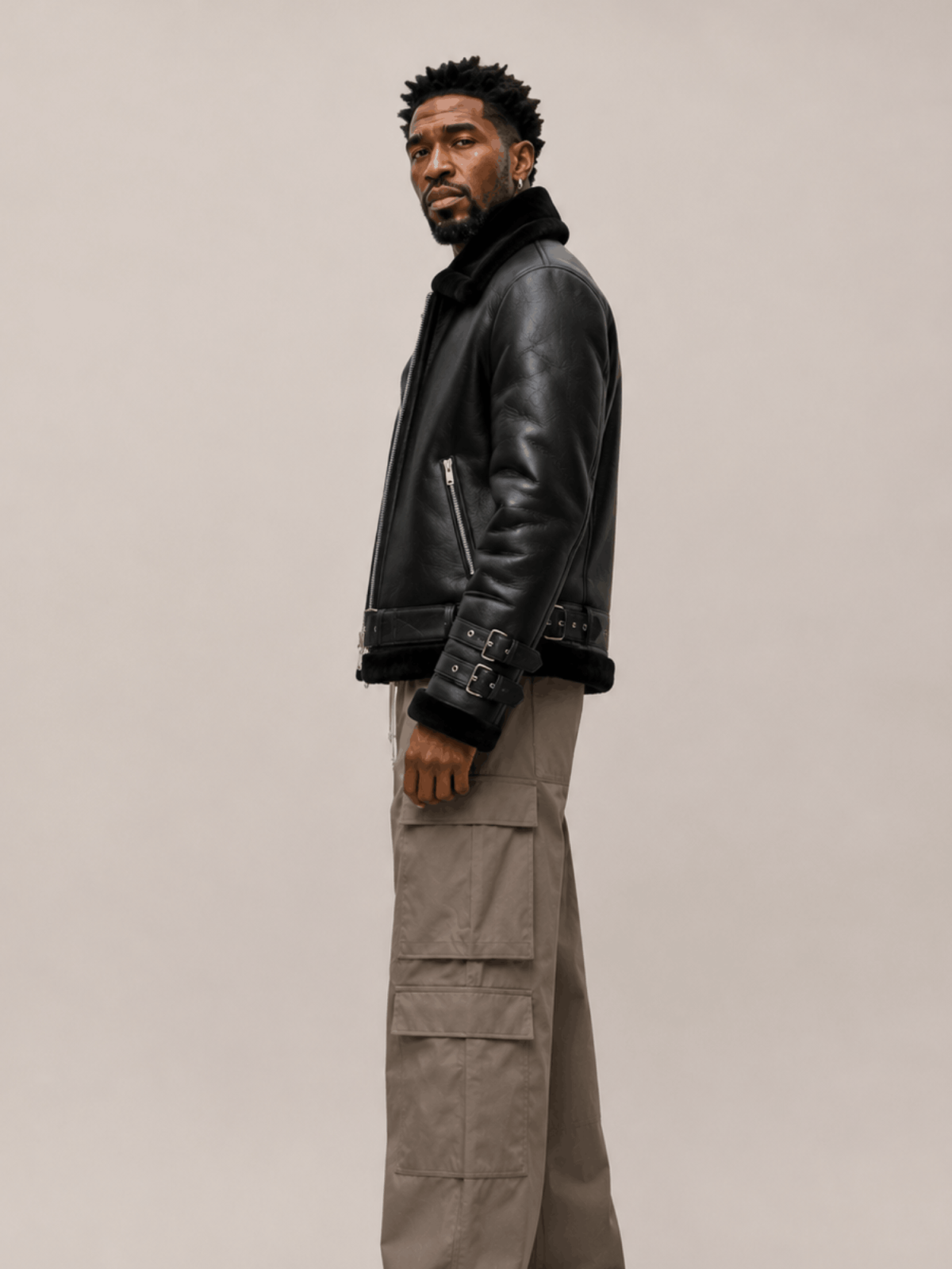 Men's Sheepskin Leather Biker Jacket In Black