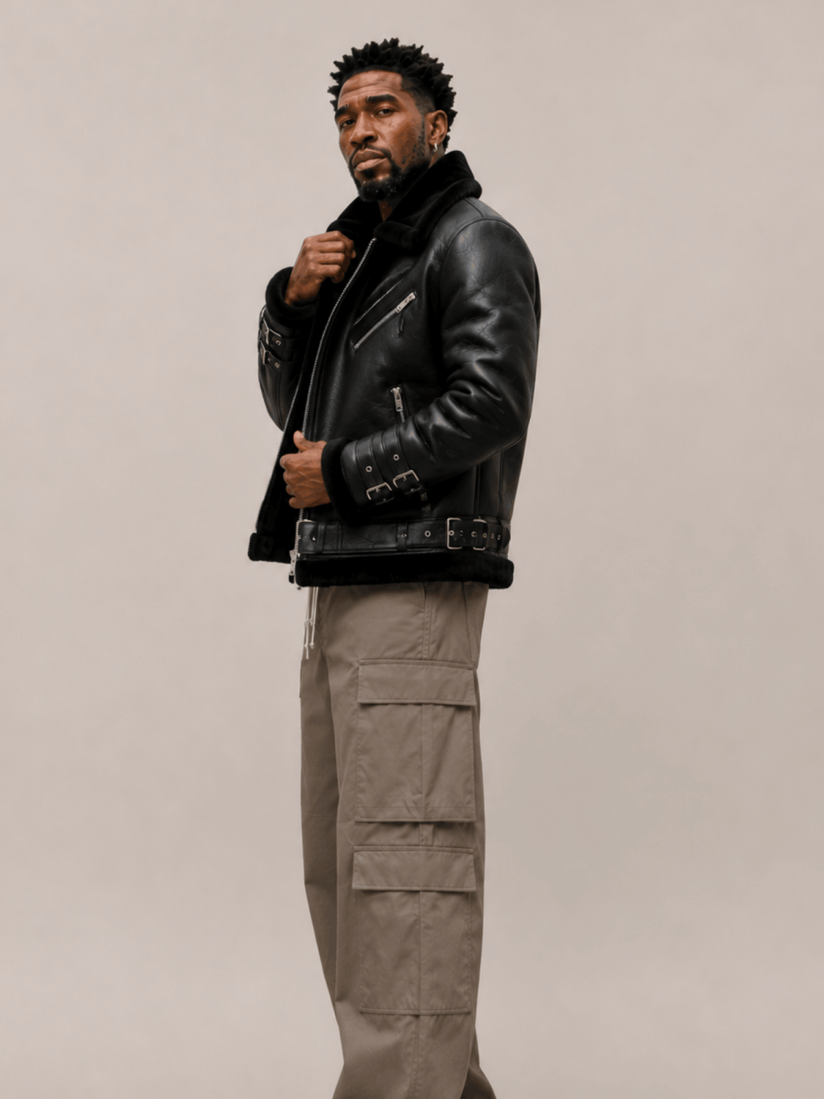 Men's Sheepskin Leather Biker Jacket In Black