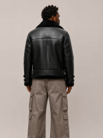 Men's Sheepskin Leather Biker Jacket In Black