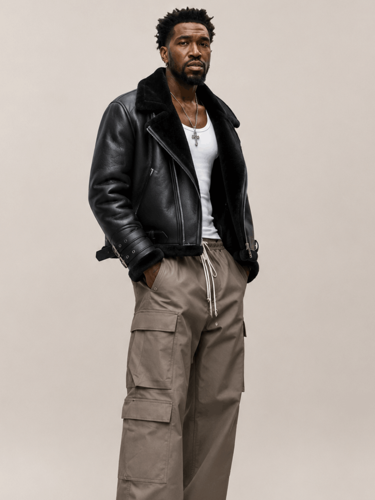 Men's Sheepskin Leather Biker Jacket In Black