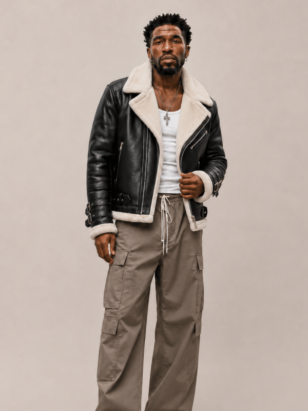 Men's Sheepskin Leather Biker Jacket In Brown