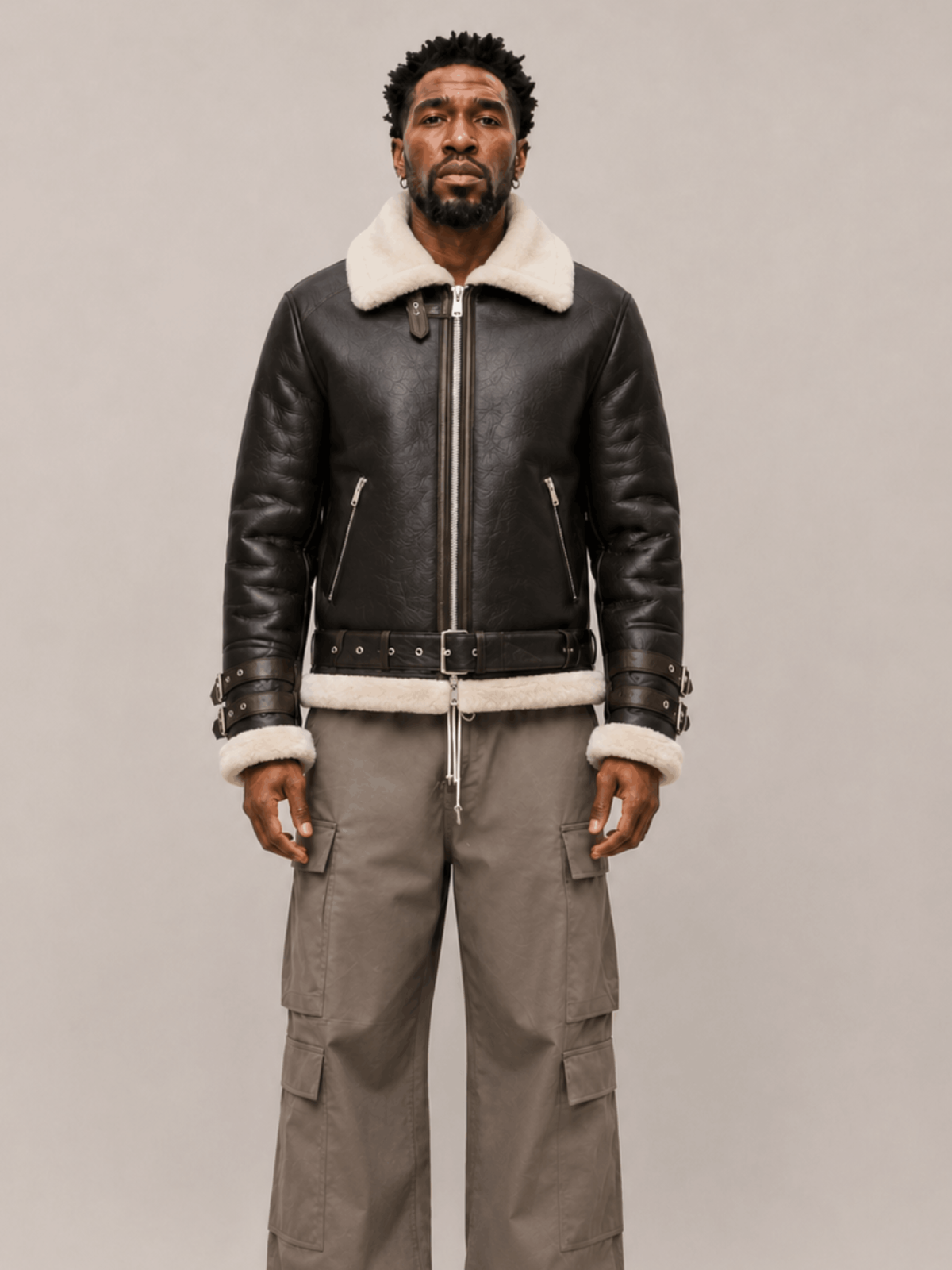 Men's Sheepskin Leather Biker Jacket In Brown