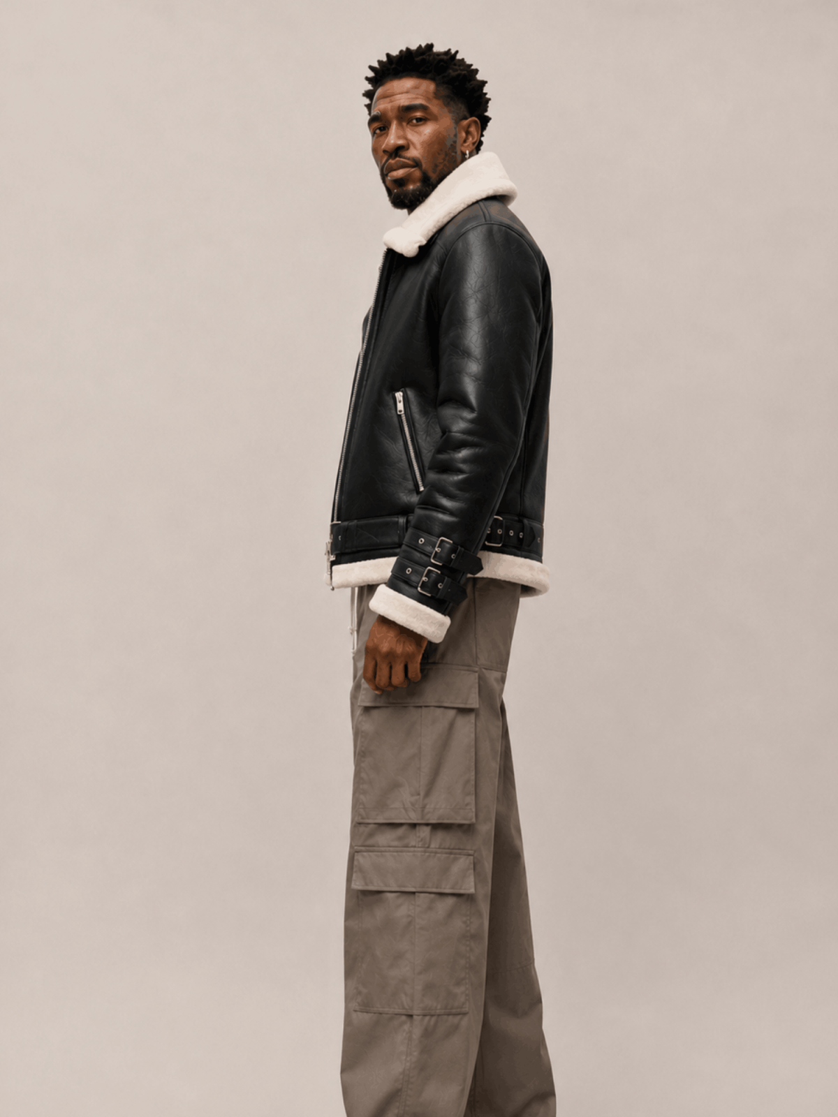 Men's Sheepskin Leather Biker Jacket In Brown
