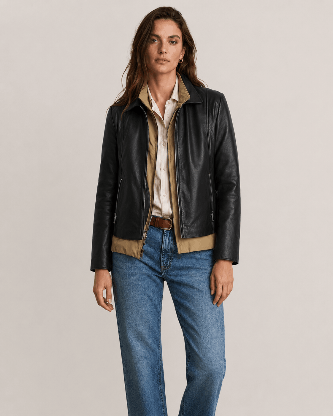Women's Justine Shirt Collar Zip Leather Jacket