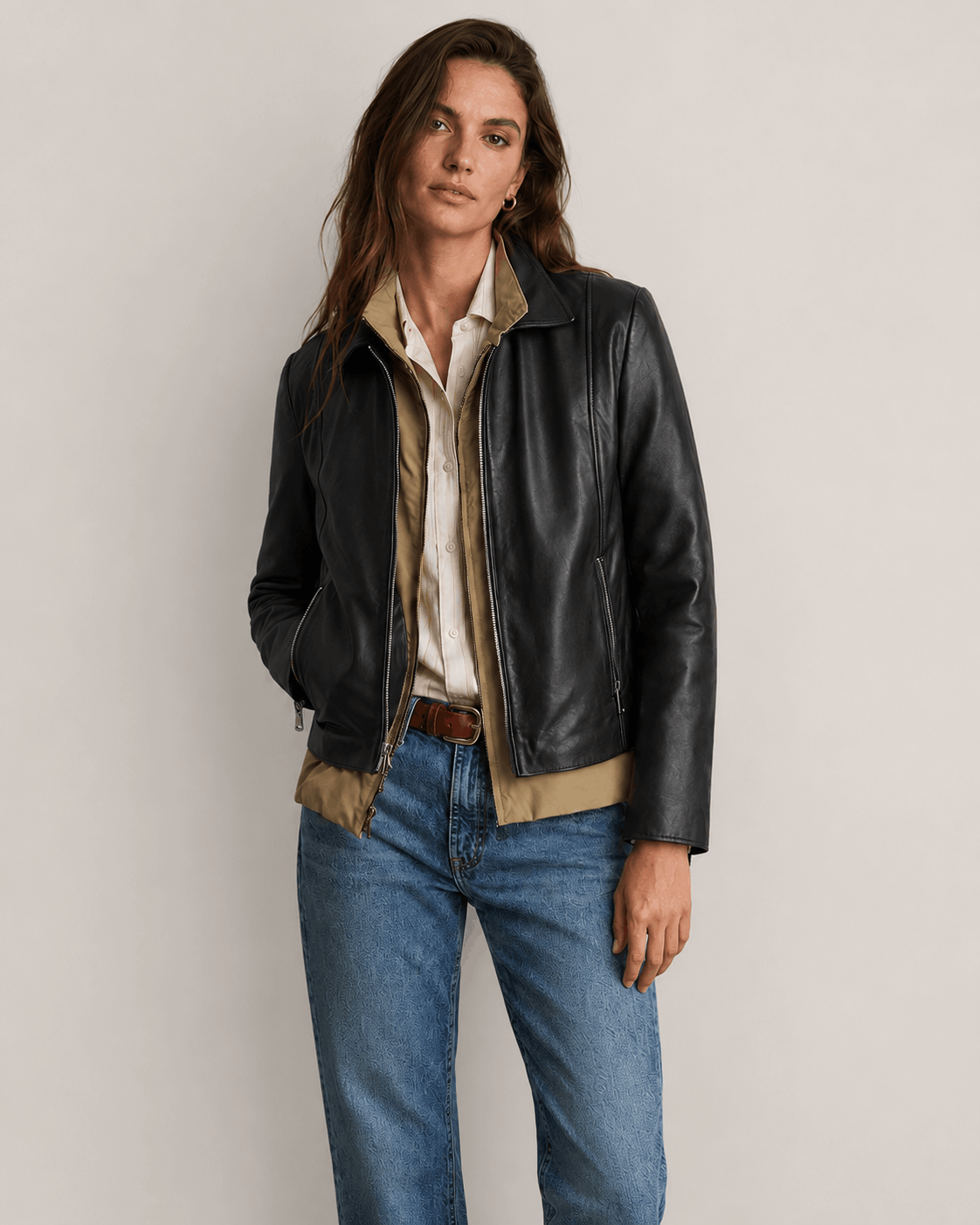 Women's Justine Shirt Collar Zip Leather Jacket
