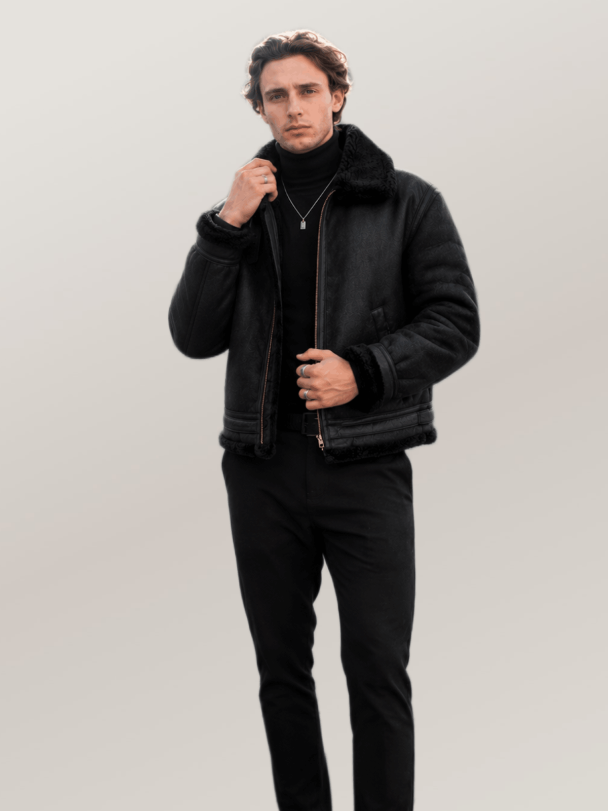 Men's Black Shearling Leather Bomber Jacket