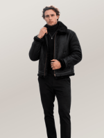 Men's Black Shearling Leather Bomber Jacket