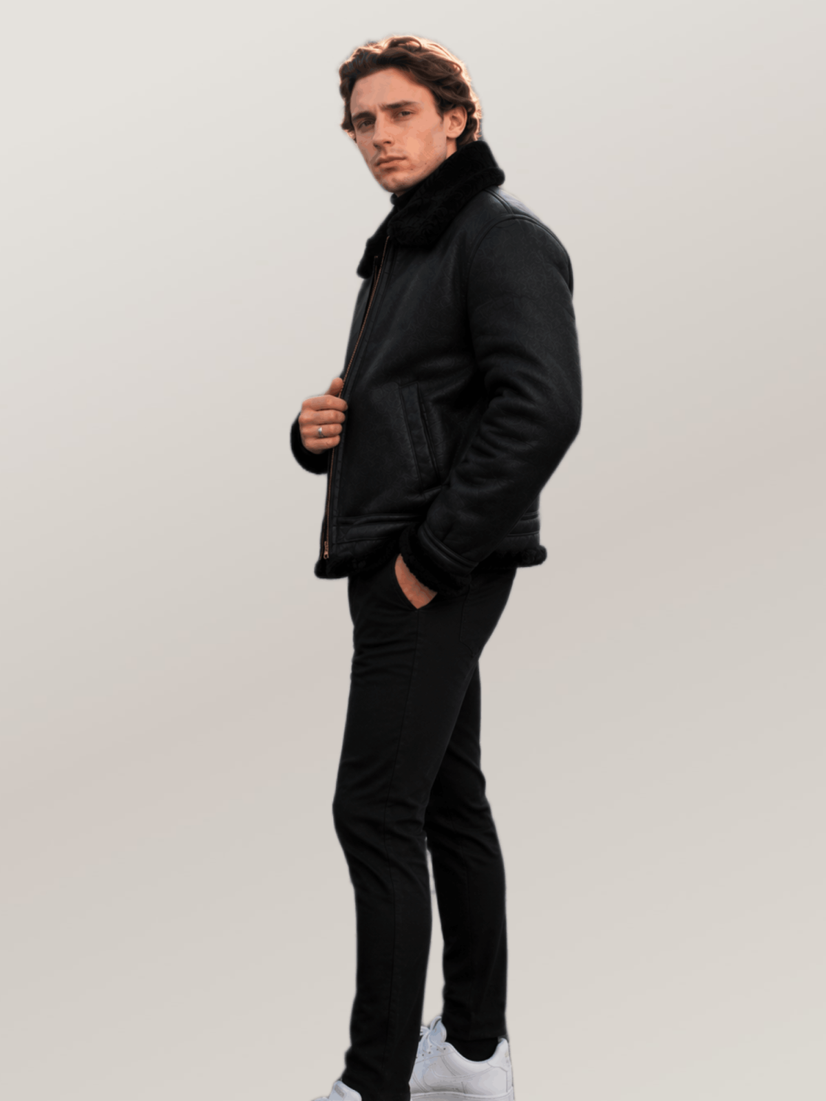 Men's Black Shearling Leather Bomber Jacket