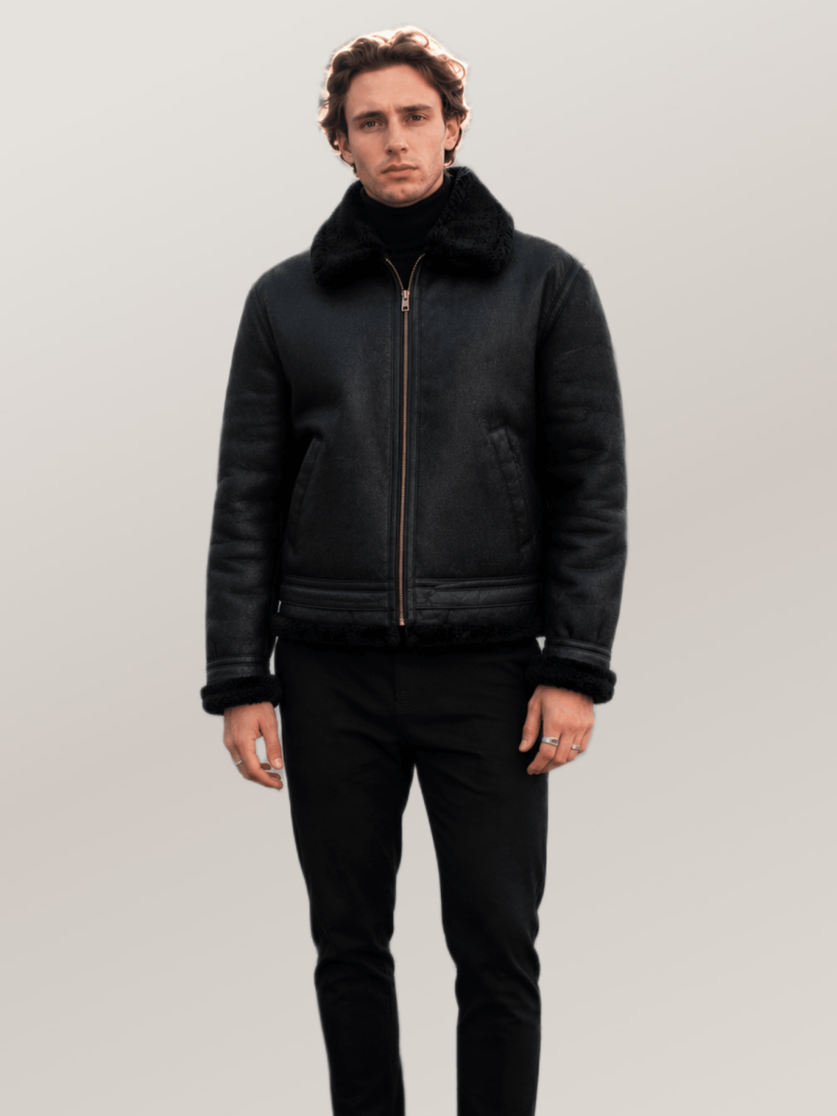 Men's Black Shearling Leather Bomber Jacket