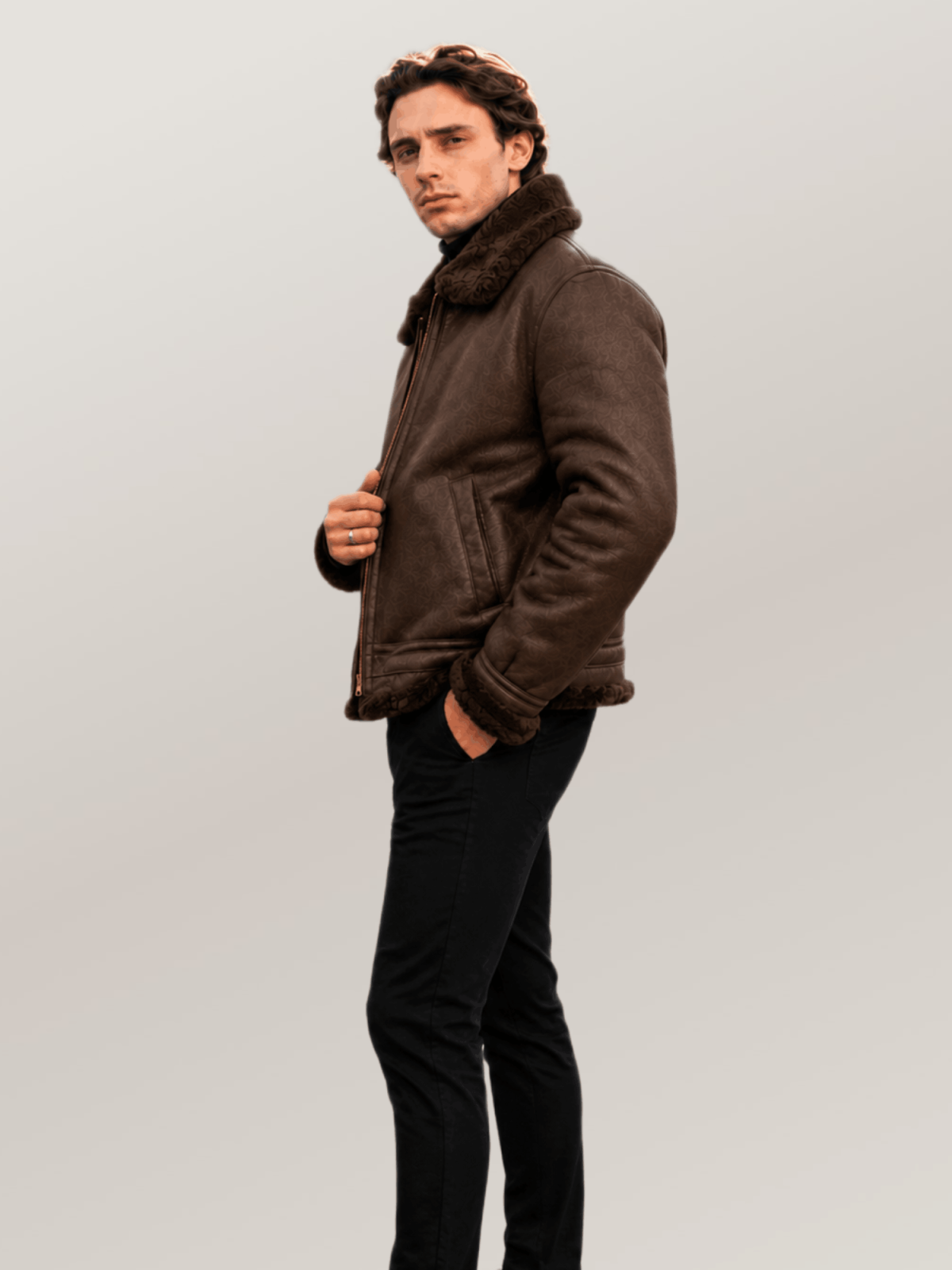 Men's Espresso Brown Shearling Leather Bomber Jacket