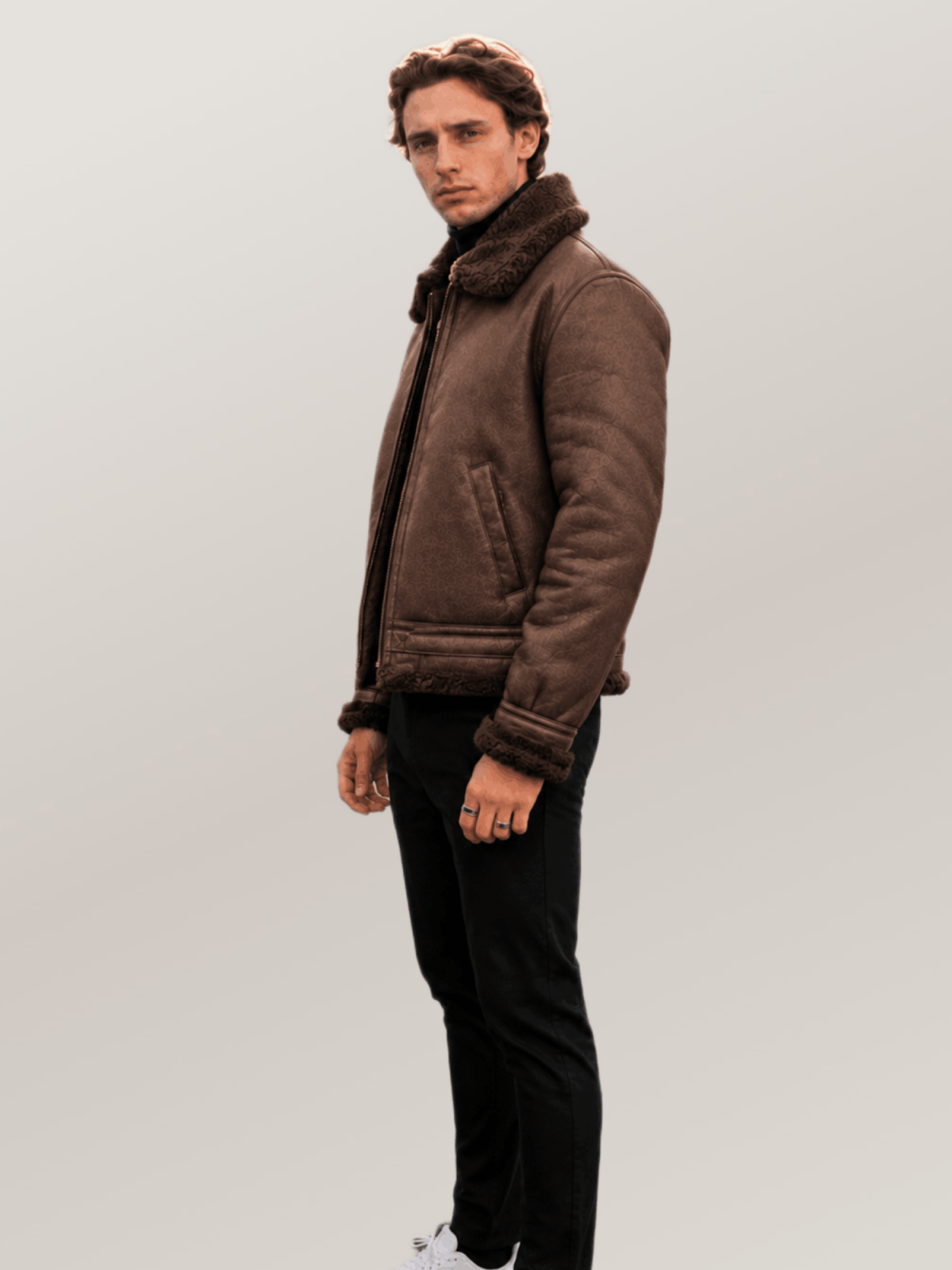 Men's Espresso Brown Shearling Leather Bomber Jacket
