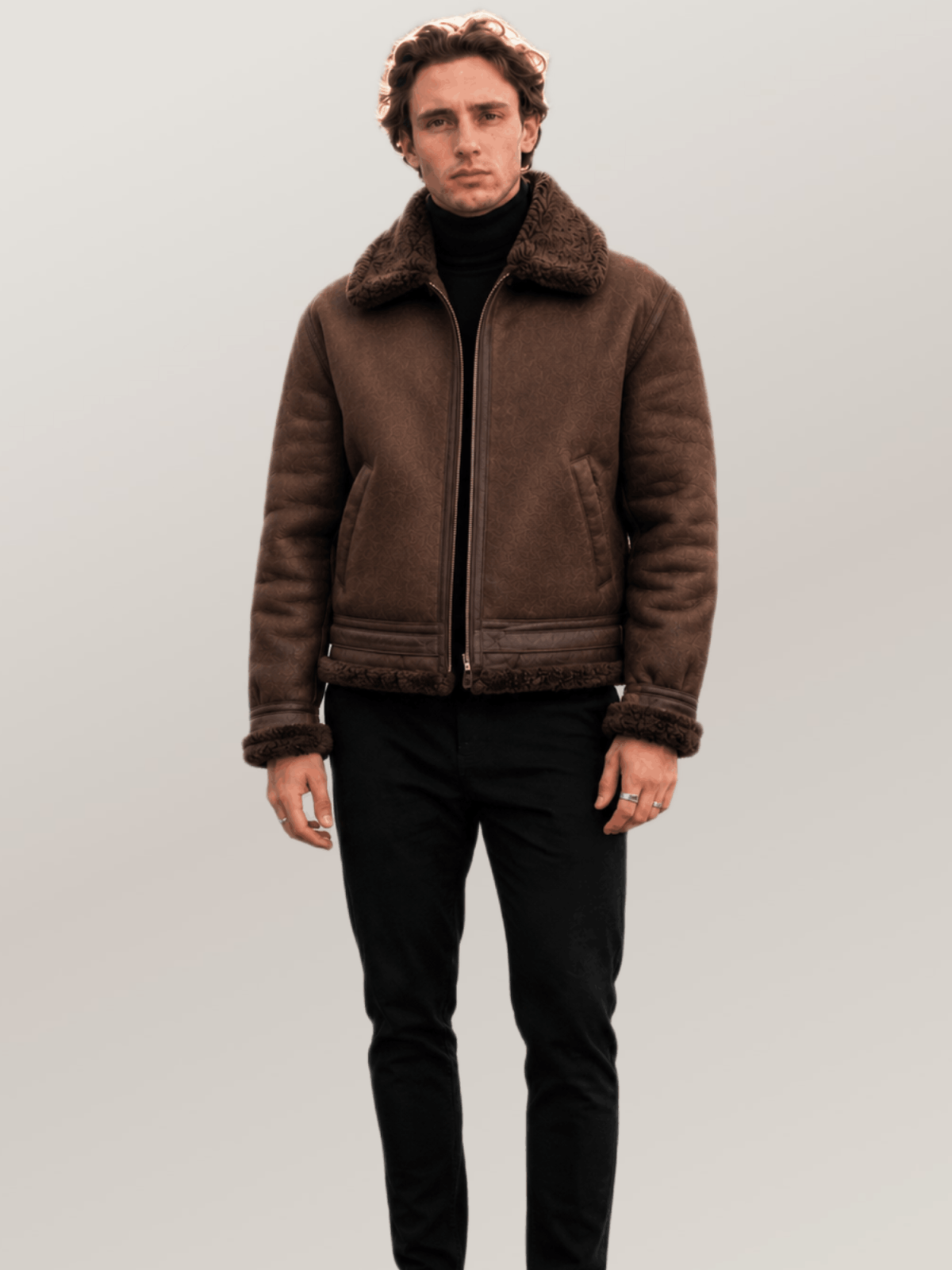 Men's Espresso Brown Shearling Leather Bomber Jacket