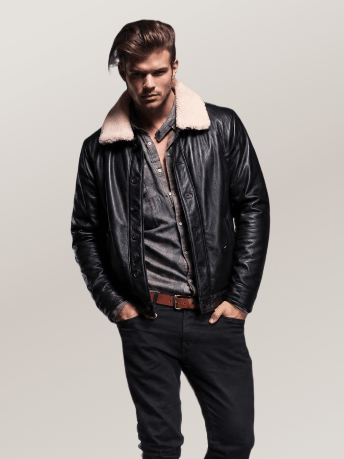 Men's Black Shearling Deck Leather Jacket