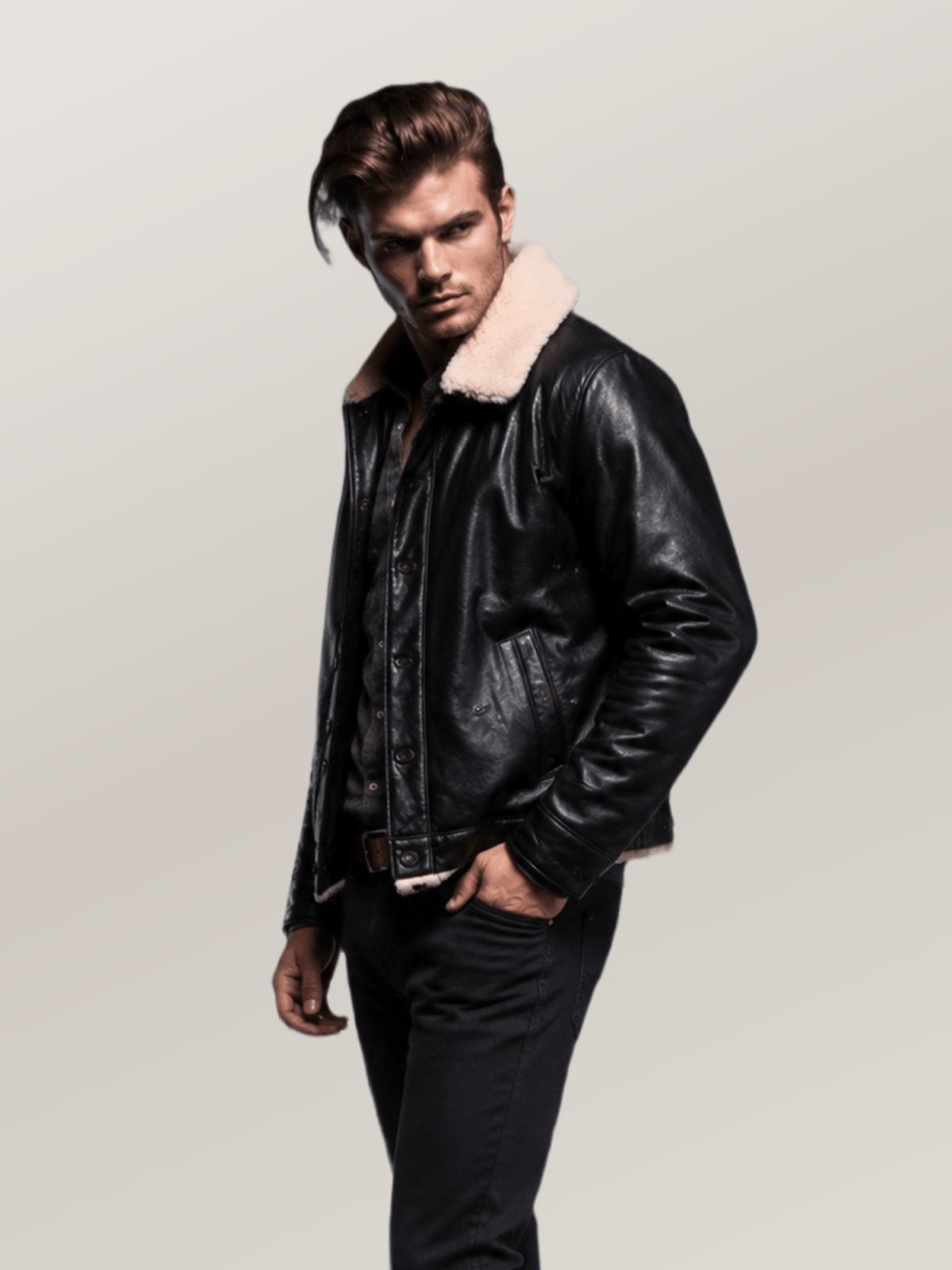 Men's Black Shearling Deck Leather Jacket