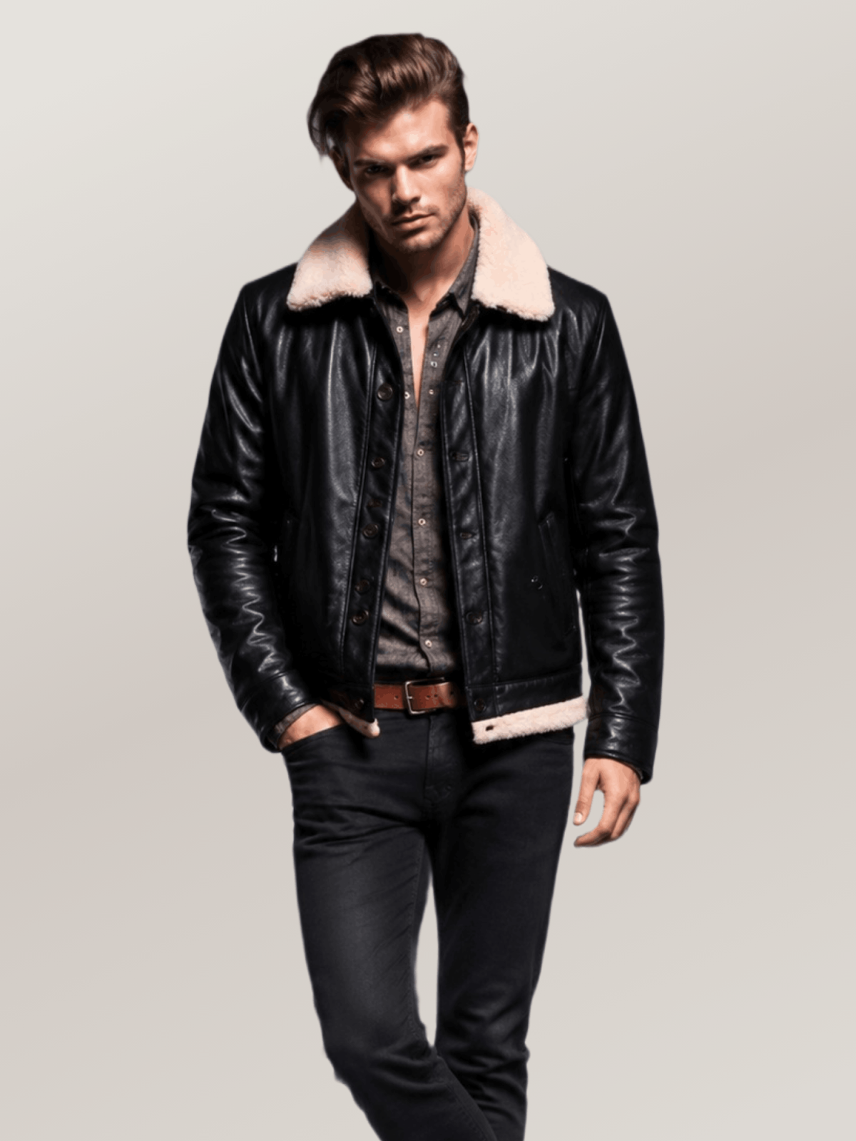 Men's Black Shearling Deck Leather Jacket