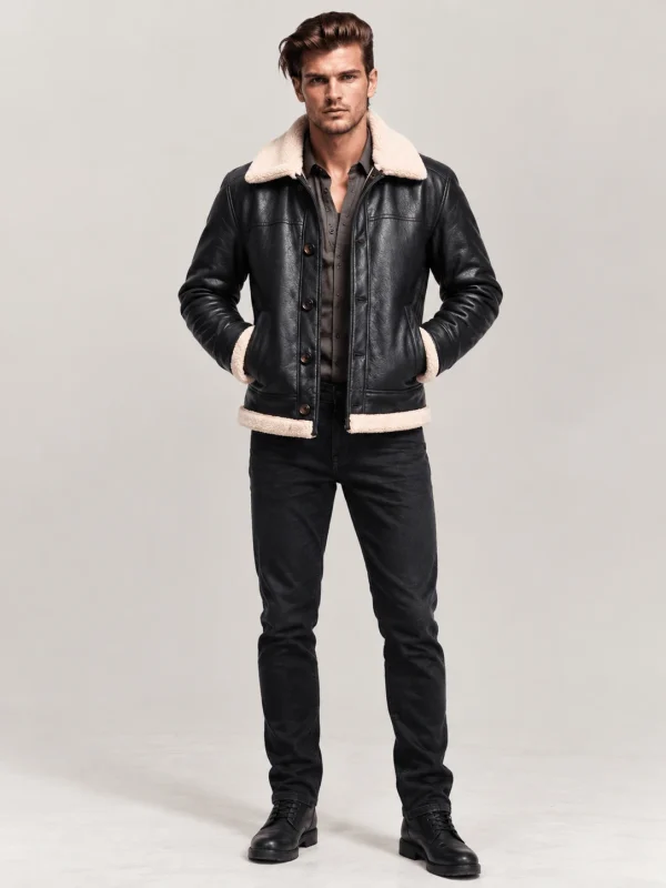Men's Black Shearling Deck Leather Jacket