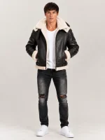 Men's All Black B-3 Hooded Sheepskin Bomber Leather Jacket