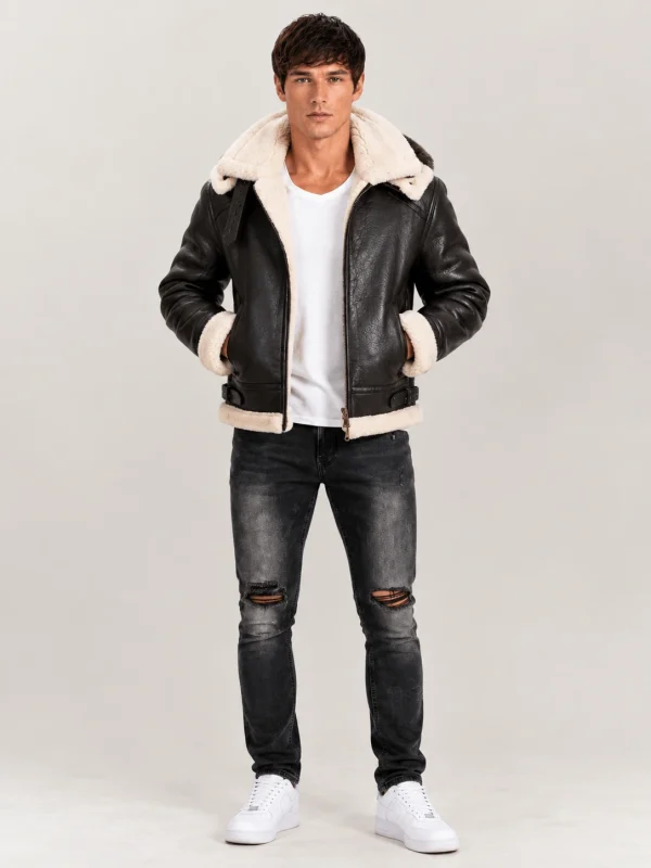 Men's All Black B-3 Hooded Sheepskin Bomber Leather Jacket