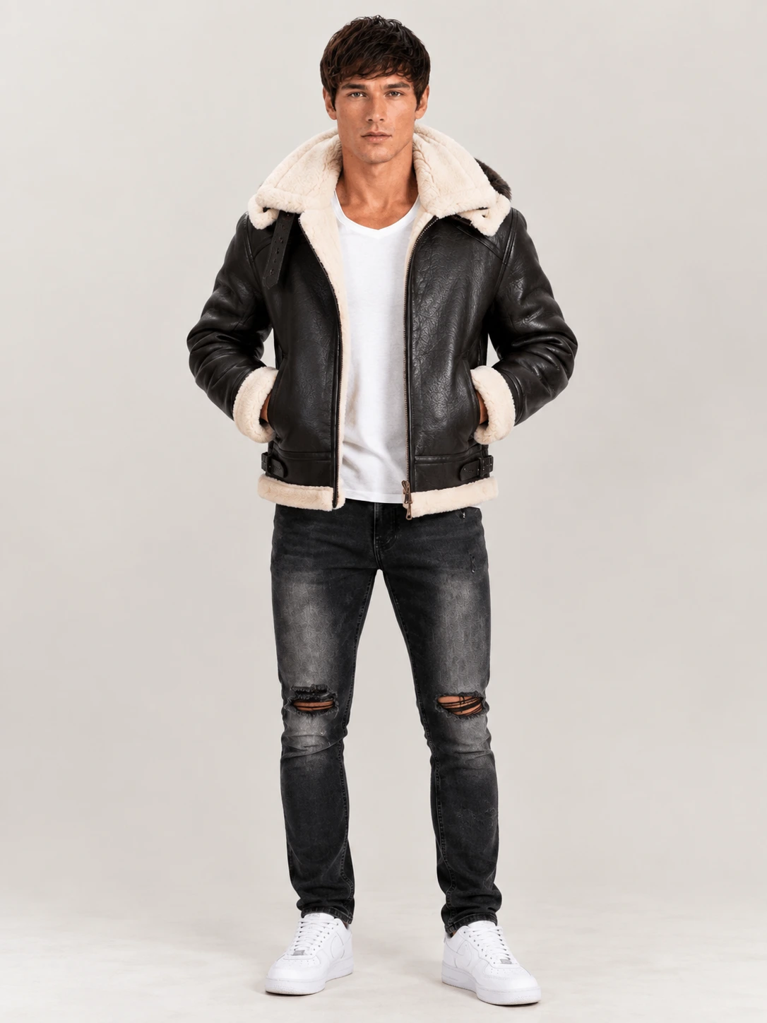 Men's All Black B-3 Hooded Sheepskin Bomber Leather Jacket