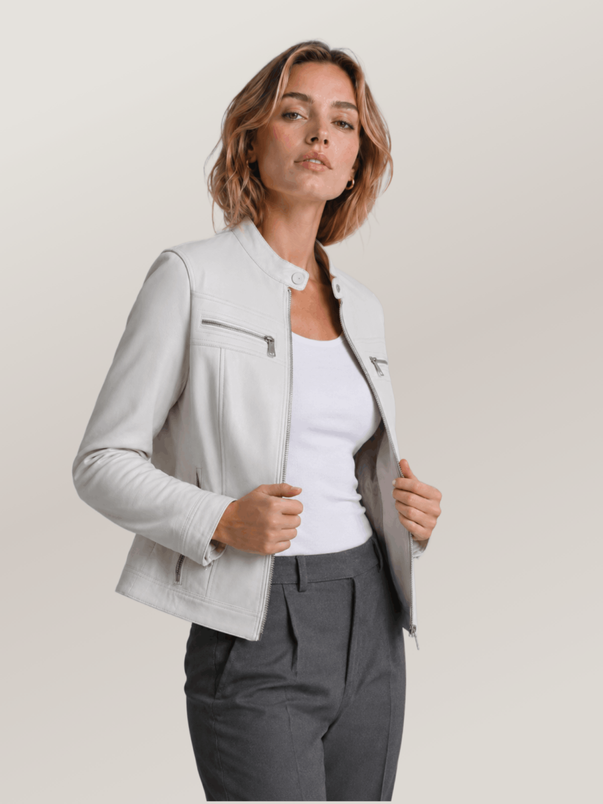 Women's White Cassandra Leather Racer Jacket
