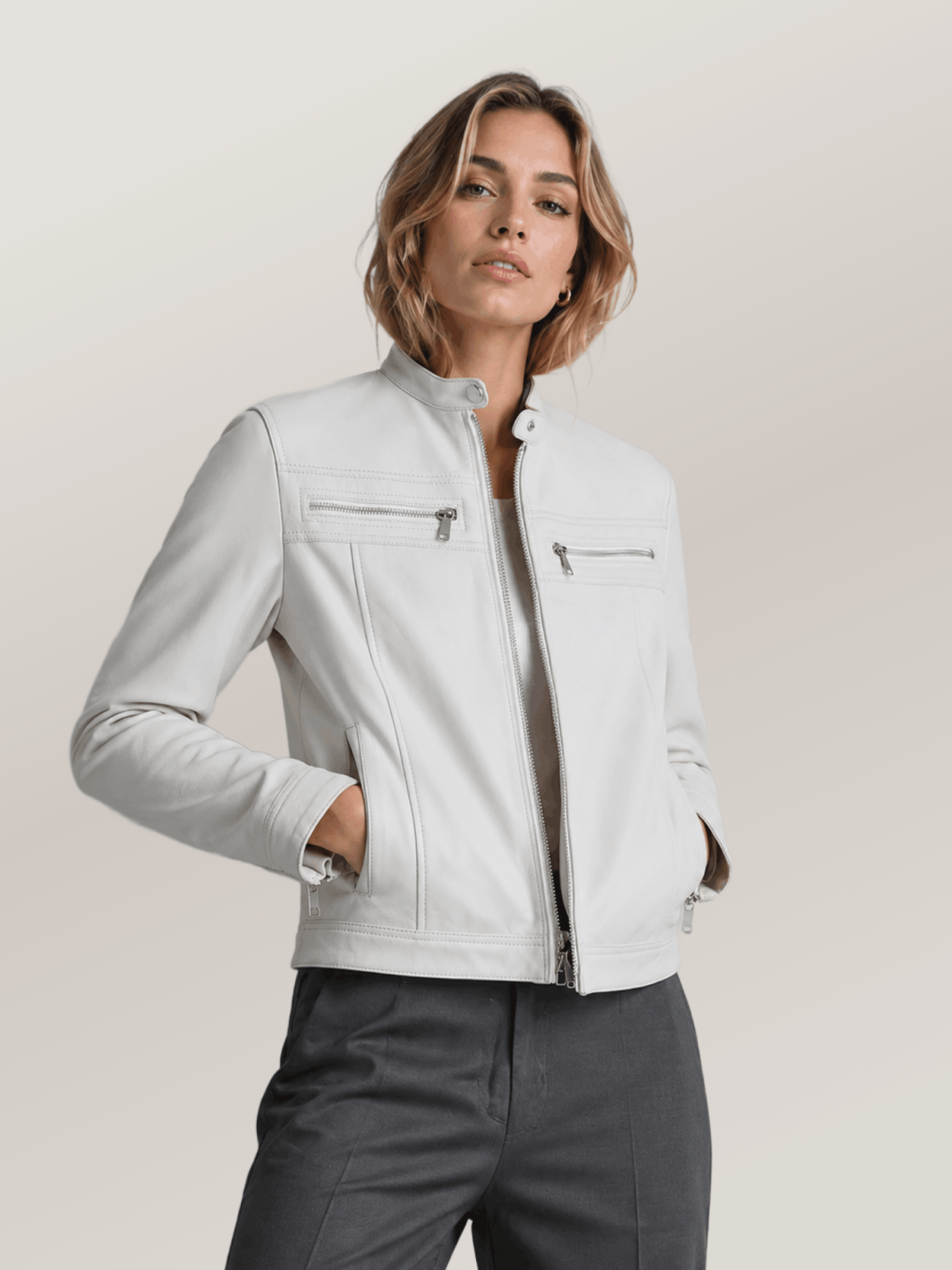 Women's White Cassandra Leather Racer Jacket