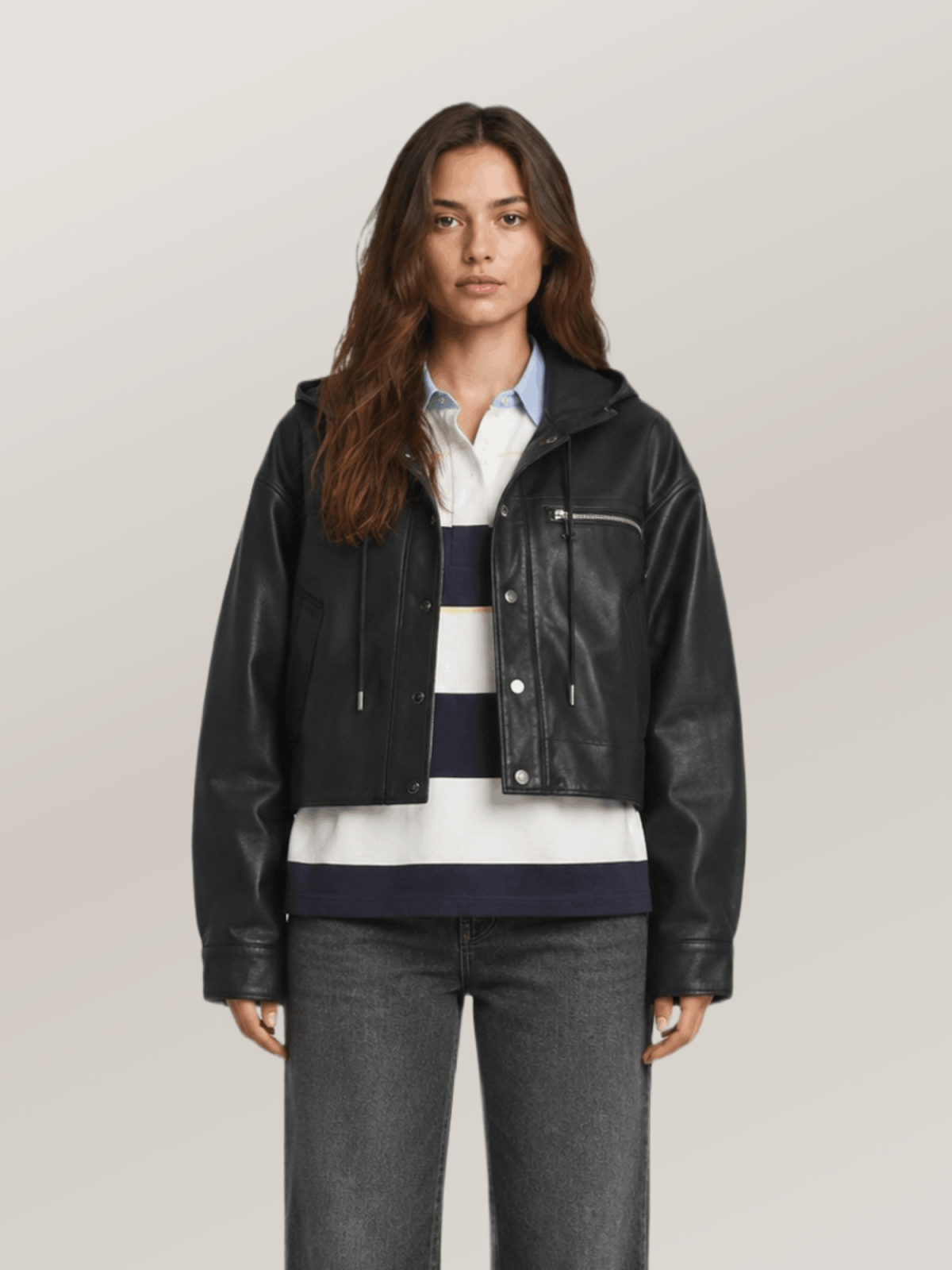 Women's Belle Cropped Lightweight Hooded  Leather Jacket
