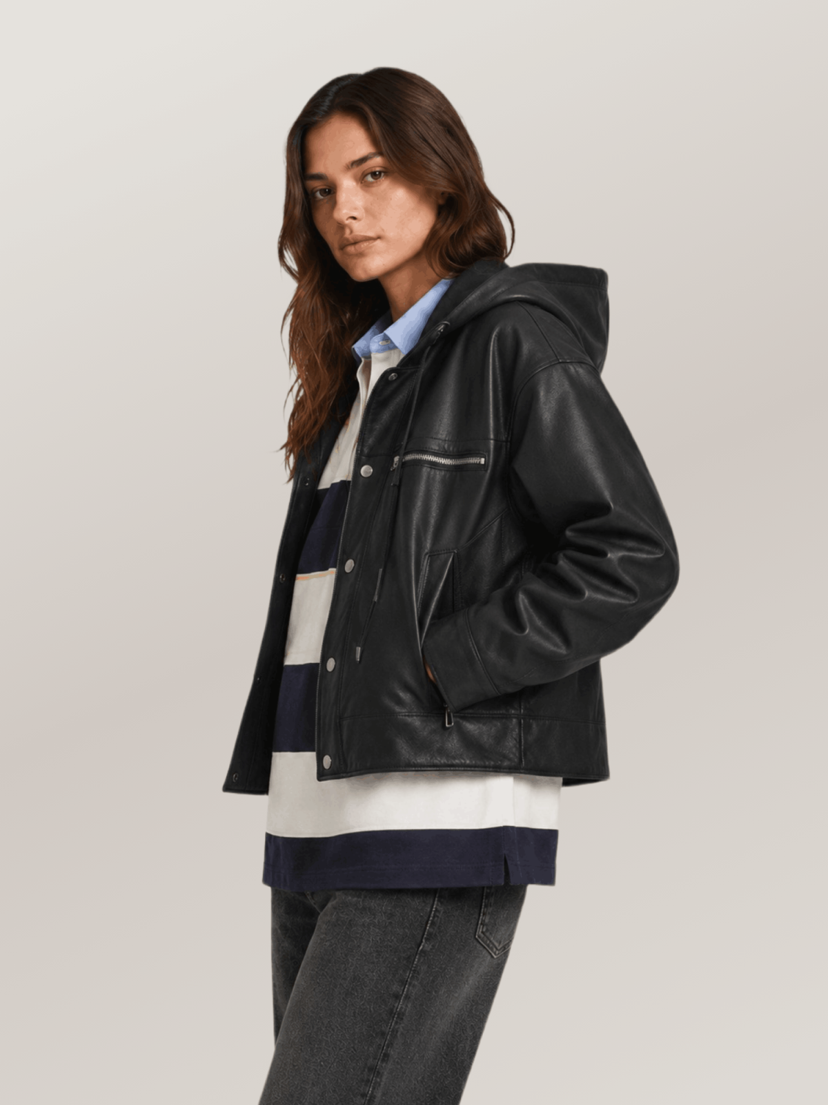 Women's Belle Cropped Lightweight Hooded  Leather Jacket