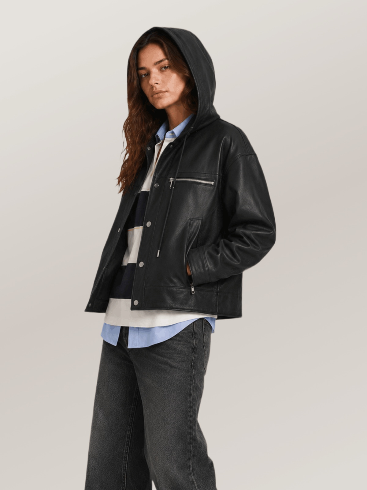 Women's Belle Cropped Lightweight Hooded  Leather Jacket