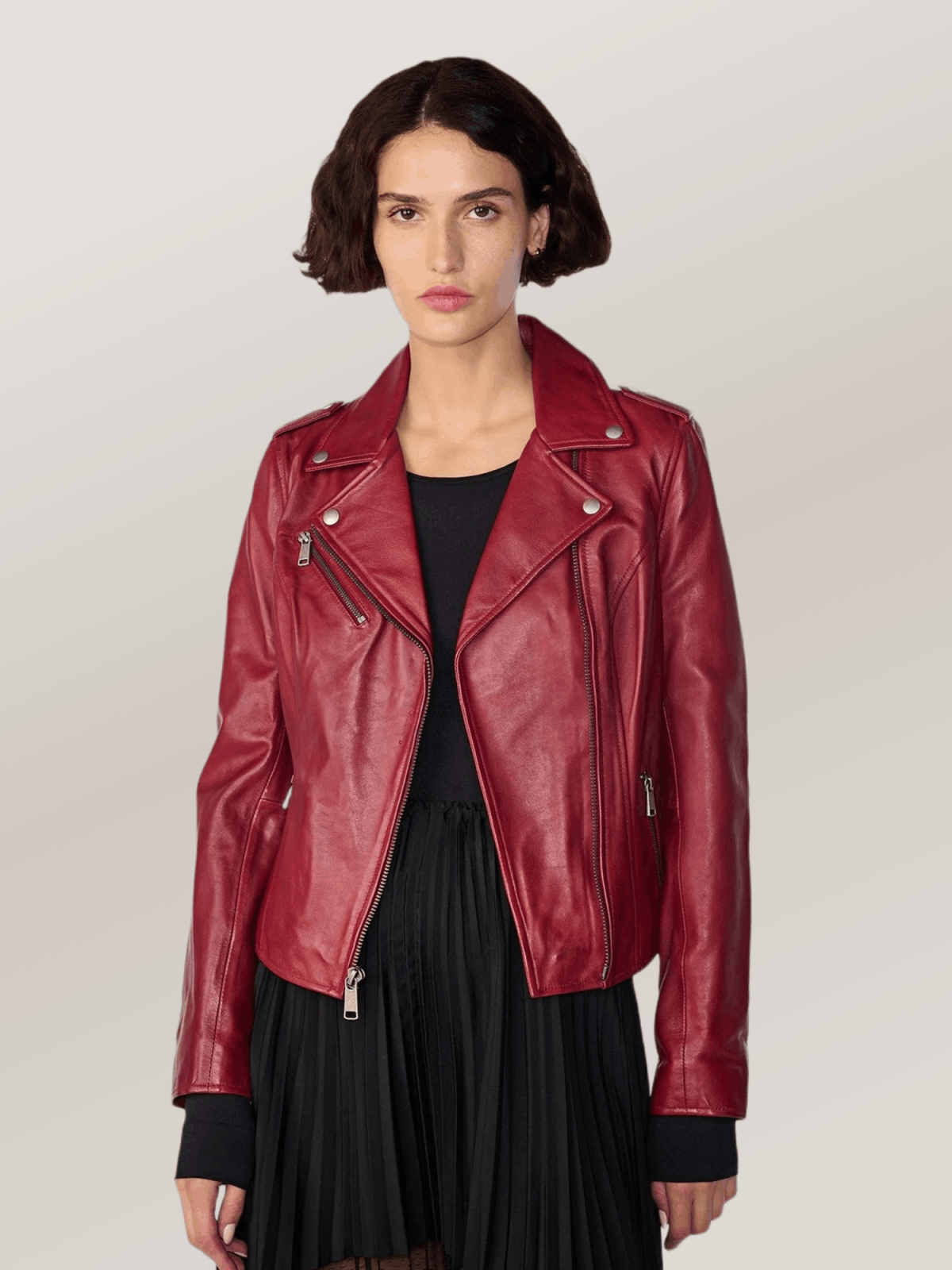 Women's Red Madeline Asymmetrical Leather Moto Jacket