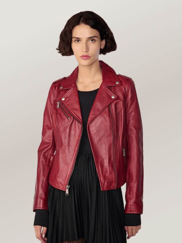 Women's Red Madeline Asymmetrical Leather Moto Jacket