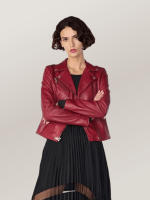 Women's Red Madeline Asymmetrical Leather Moto Jacket
