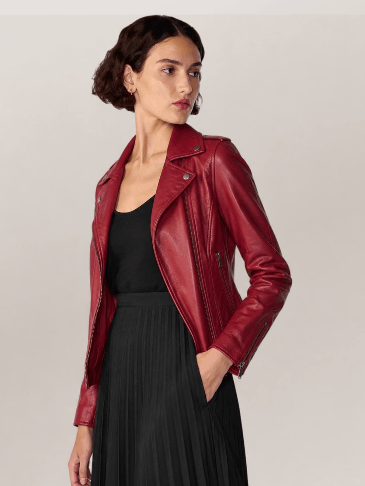 Women's Red Madeline Asymmetrical Leather Moto Jacket