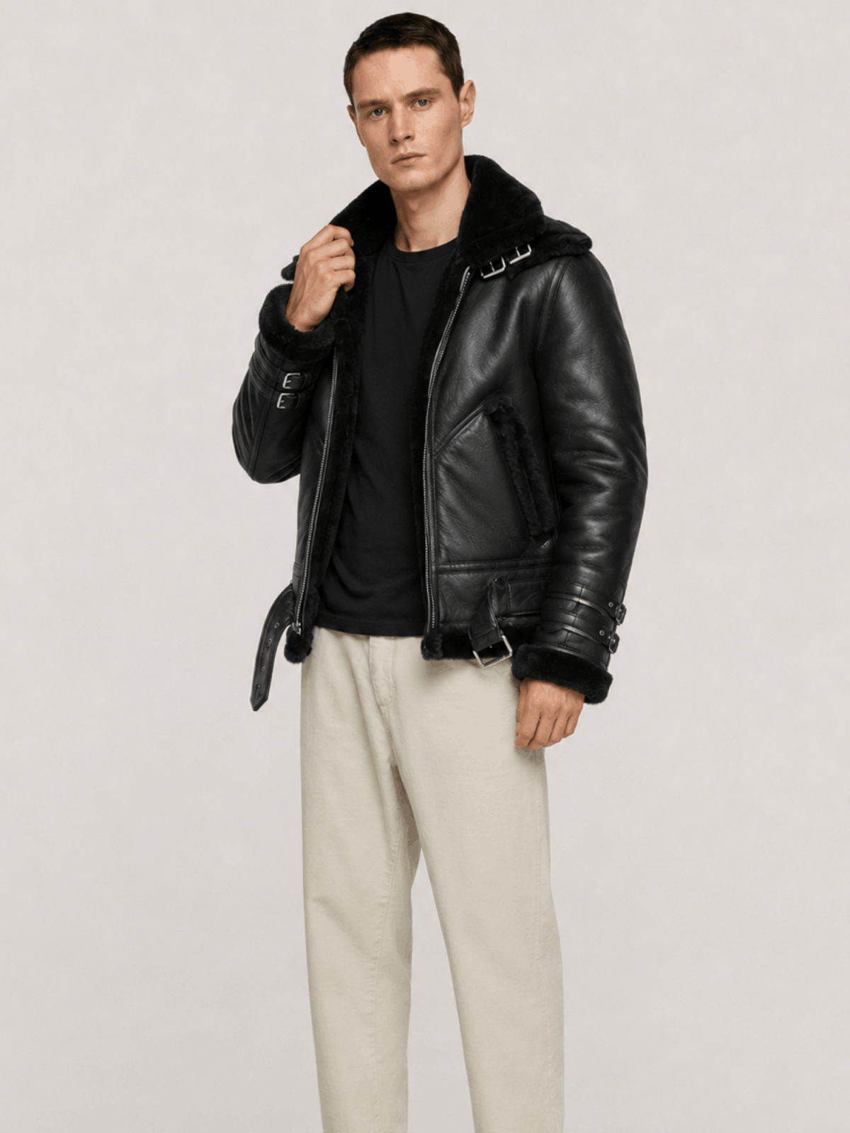Men's Shearling Black Aviator Double Collar leather Jacket