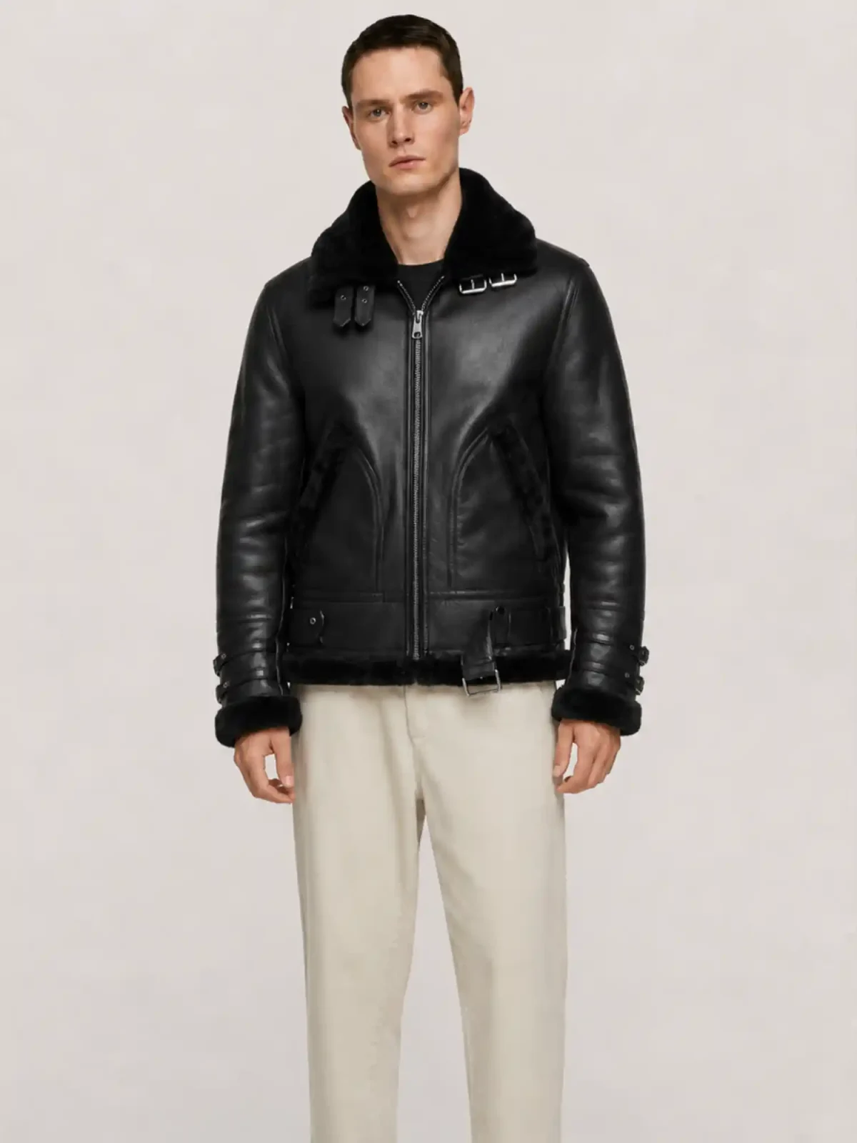 Men's Shearling Black Aviator Double Collar leather Jacket
