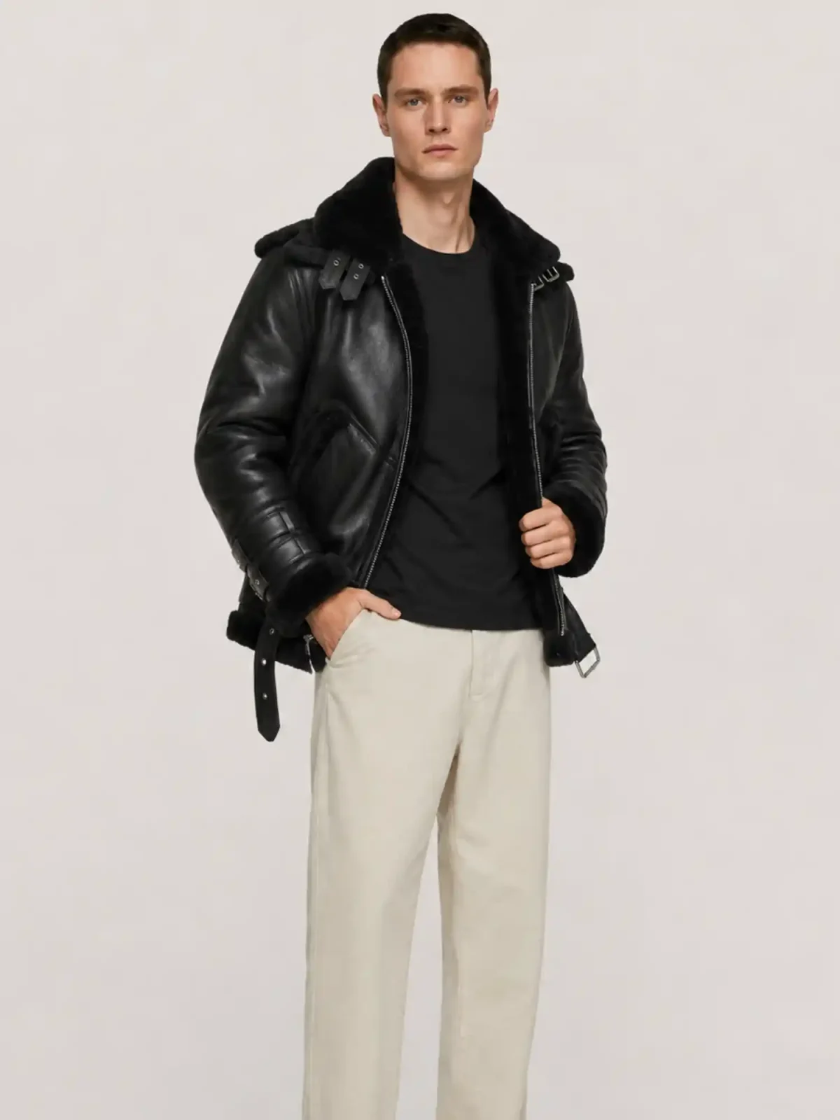 Men's Shearling Black Aviator Double Collar leather Jacket