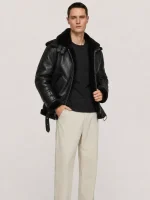 Men's Shearling Black Aviator Double Collar leather Jacket