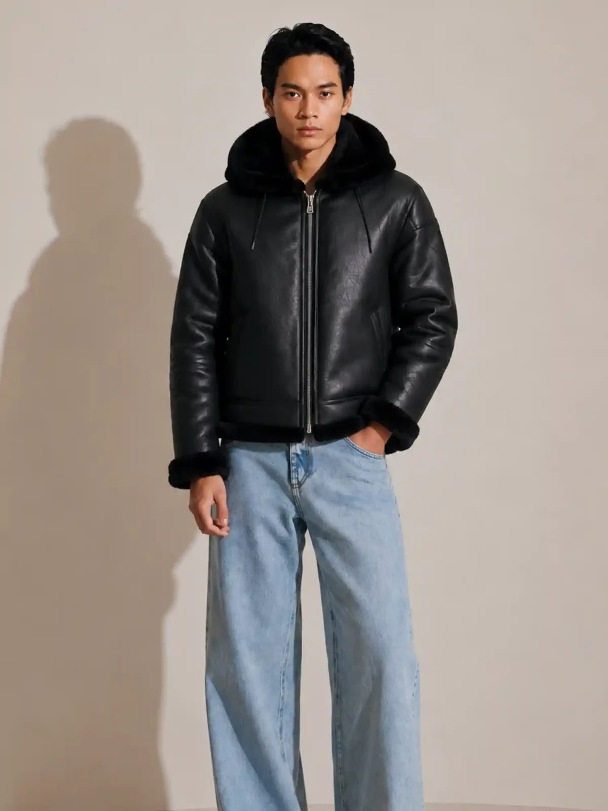 Men's Shearling Black Bomber Style With Fur Hood