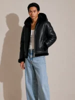 Men's Shearling Black Bomber Style With Fur Hood