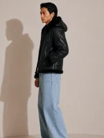 Men's Shearling Black Bomber Style With Fur Hood