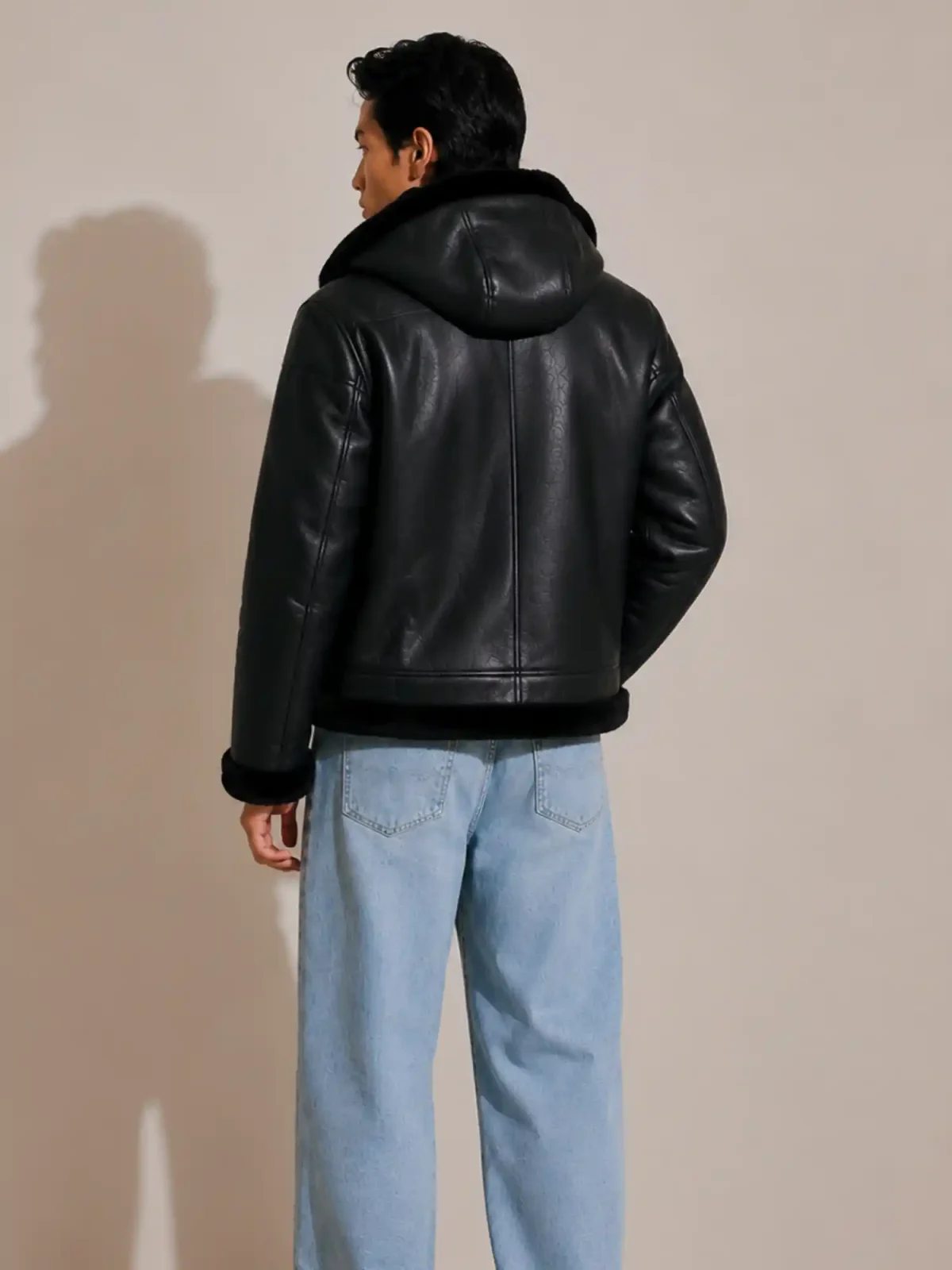 Men's Shearling Black Bomber Style With Fur Hood