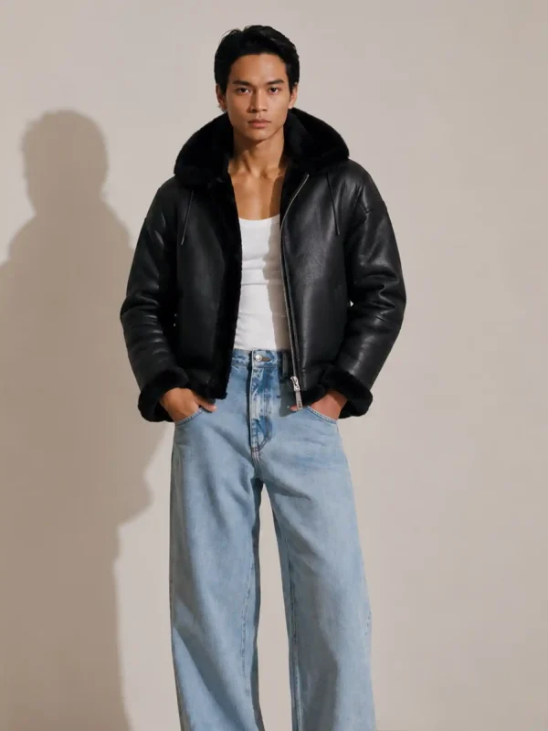 Men's Shearling Black Bomber Style With Fur Hood