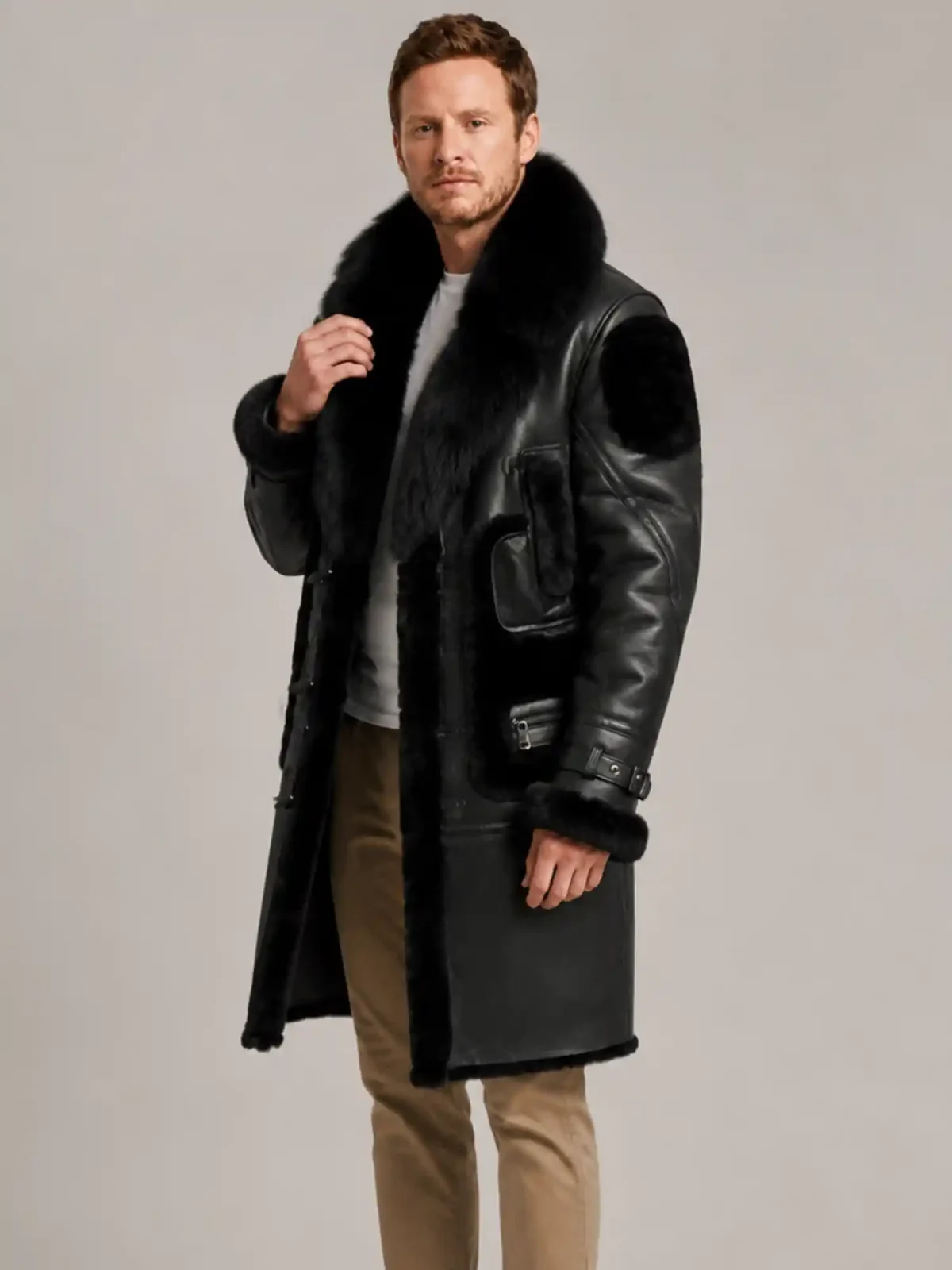 Men's Black Shearling Crystal fur Leather Coat