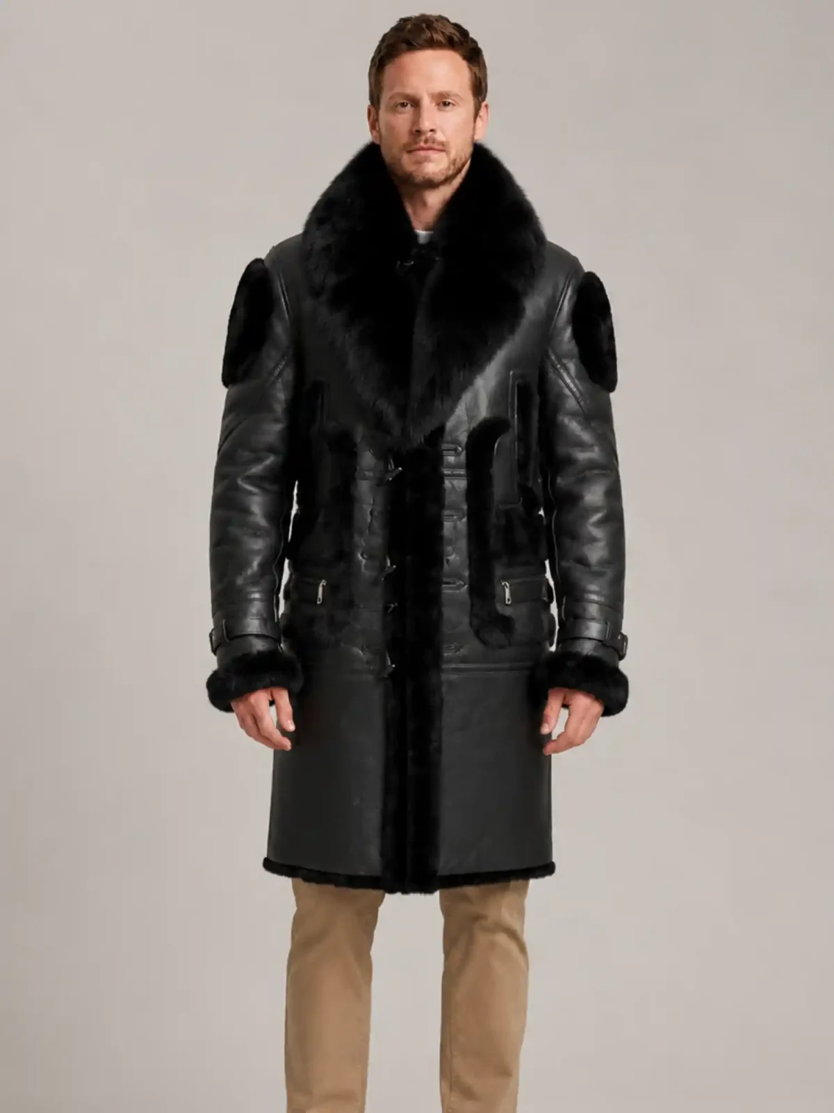 Men's Black Shearling Crystal fur Leather Coat